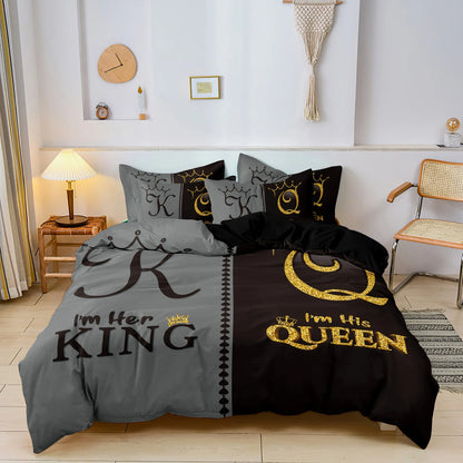 3pcs Duvet Cover Set Definition Printed Black And Gray  King Letters With A Crown Design, Suitable For Home Or Dorm Use
