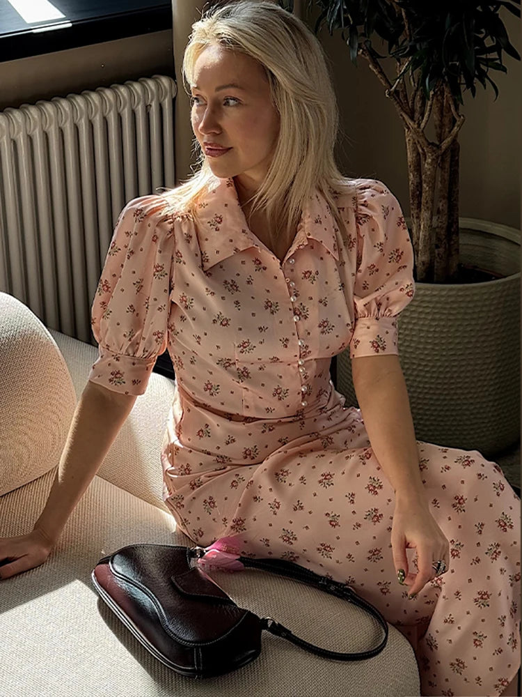 Vestido Longo Floral com Botões de Pérola, Gola com Lapela, Manga Curta Abaulada, Cintura Marcada, Estampado, Slim, Elegante, Moda Feminina, Vestido Novo de Senhora