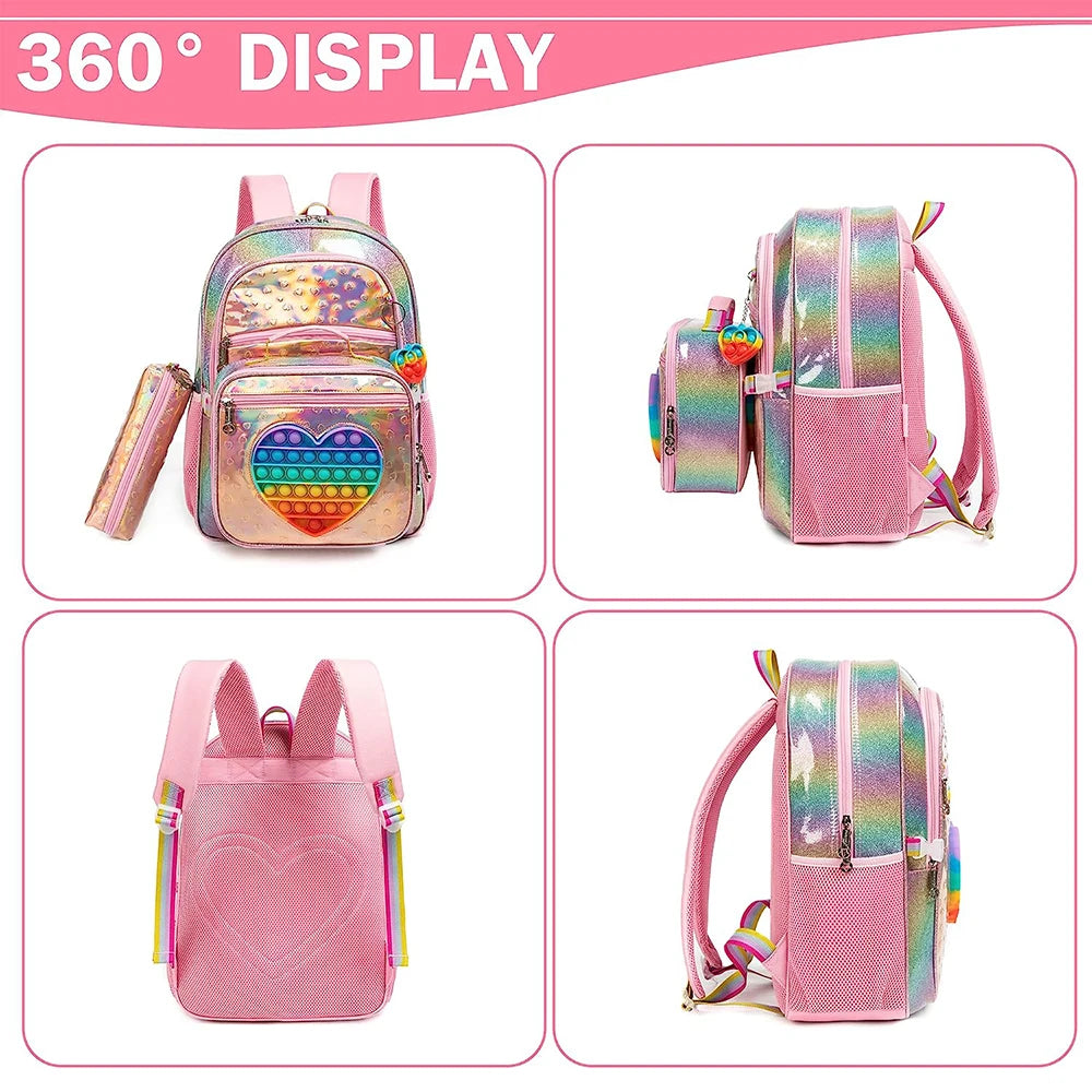 3pcs Sets Cute Love Design Girls' School Backpack Mochilas for Elementary School Bags With Lunch Box Pencil Case Age 6-13