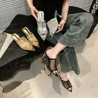 2025Transparent Silk Gauze Mule Slides Woman Bling Lace Mesh Pointed Toe High Heel Slipper   Evening Party Pump Shoes
