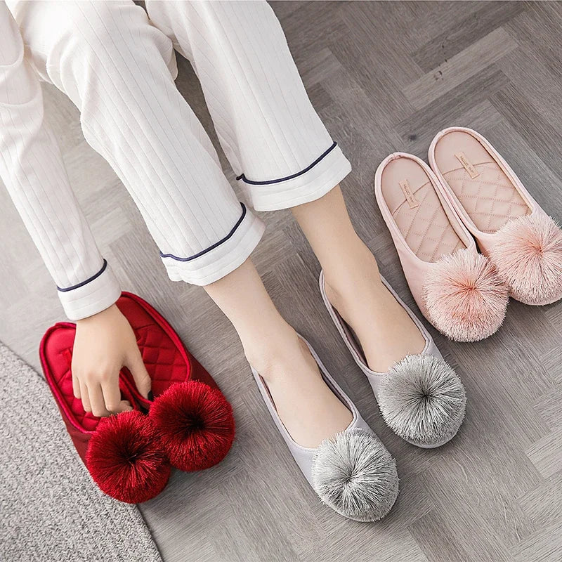 Women Home Slippers Indoor Winter Slippers Flat Silk  Adult Ladies Soft Slipper House Mules