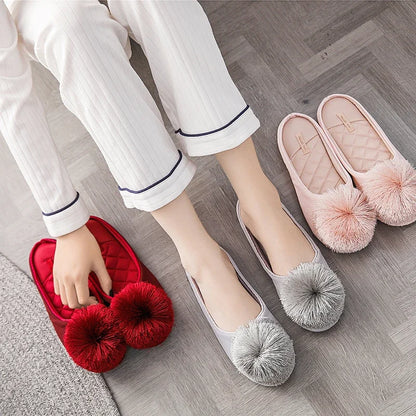 Women Home Slippers Indoor Winter Slippers Flat Silk  Adult Ladies Soft Slipper House Mules
