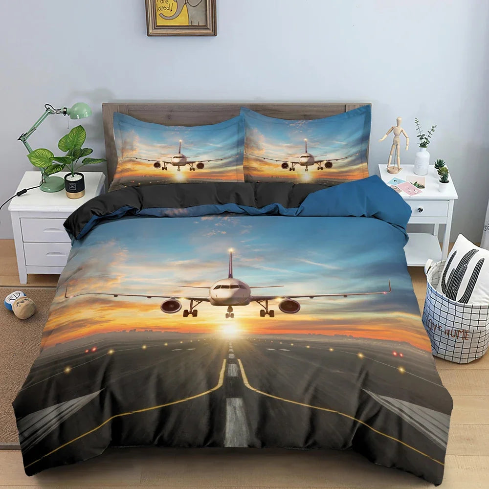 Boys Airplane Duvet Cover Set Children Teens Aviation Aircraft Runway Bedding Set 3D Airplane Cover Room Decortion for Adults