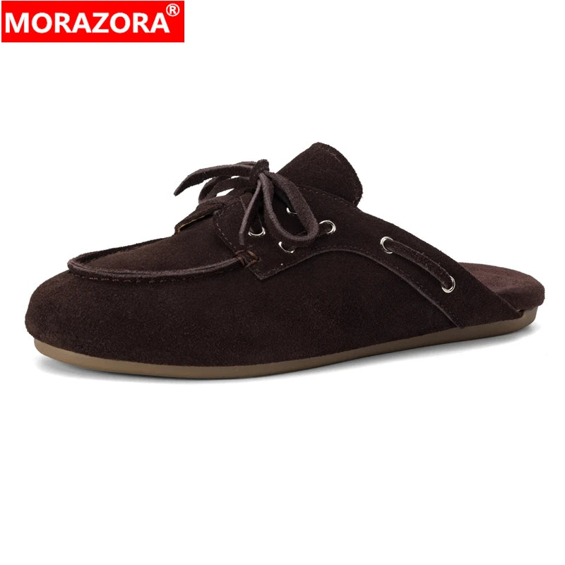 MORAZORA 2026 Novas Sandálias de Mulher de Marca Nova em Camurça de Vaca, Chinelos Rasos de Moda Atacadores, Mules Femininas Feitas à Mão