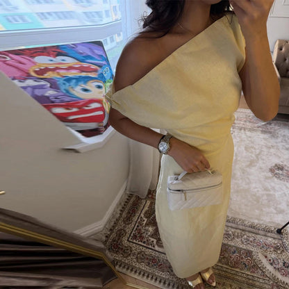 Elegant One Shoulder Solid Dress Women's Waist-cinching Side Split Ankle-length Dresses 2026 Summer New Lady Casual Cozy Robes
