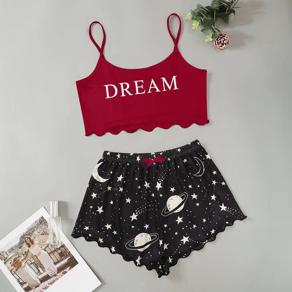 Women's Pajamas Set Sexy Lingerie Starry Sky Print Sling Sleepwear V-Neck Sleeveless Top and Shorts Sets Pyjamas Homewear