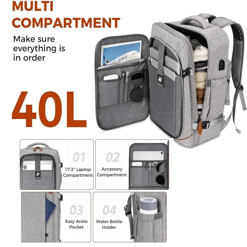 Mochila de viagem com porta de carregamento USB, vários sacos organizadores e compartimento para sapatos, mochila de bagagem de gr