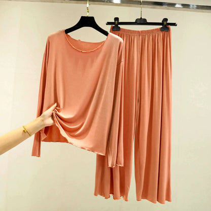 Modal Thin Long Sleeved T-Shirt Set for Women in Spring and Autumn Pajamas Plus Loose Base Shirt Solid Color Sleepwear Homewear