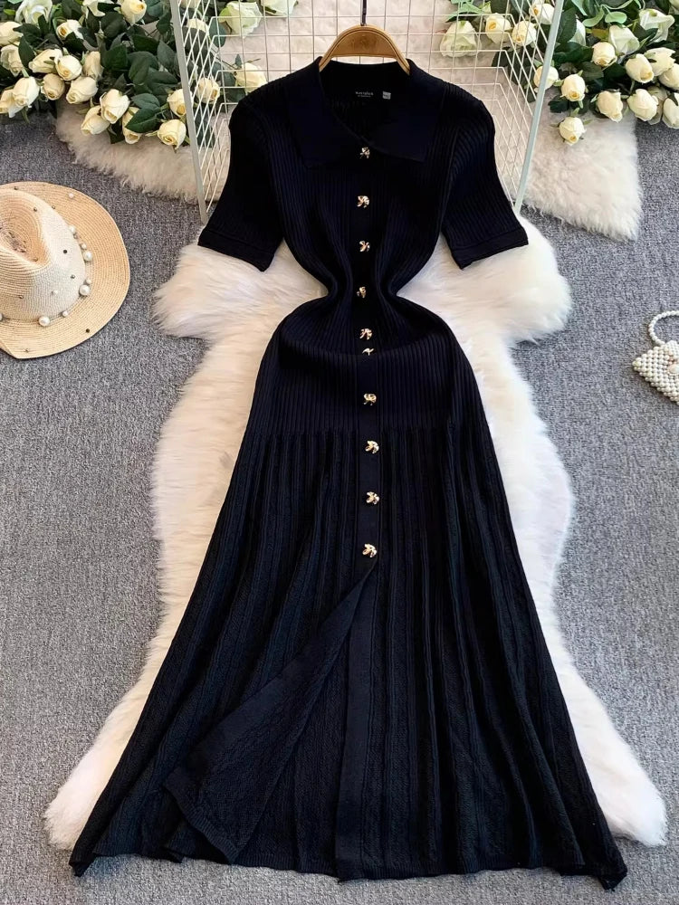 2025 Vestidos de Mulher Linha A Vazados Vestidos Femininos de Malha Vintage Robe Femme Cintura Alta Verão Coreano Vestido de Peitilho Único