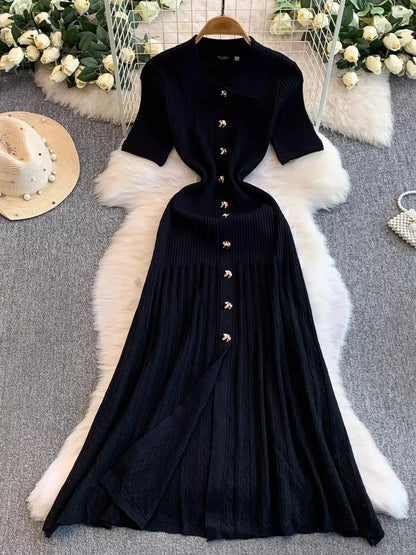 2025 Vestidos de Mulher Linha A Vazados Vestidos Femininos de Malha Vintage Robe Femme Cintura Alta Verão Coreano Vestido de Peitilho Único