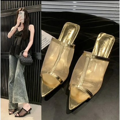 2025Transparent Silk Gauze Mule Slides Woman Bling Lace Mesh Pointed Toe High Heel Slipper   Evening Party Pump Shoes