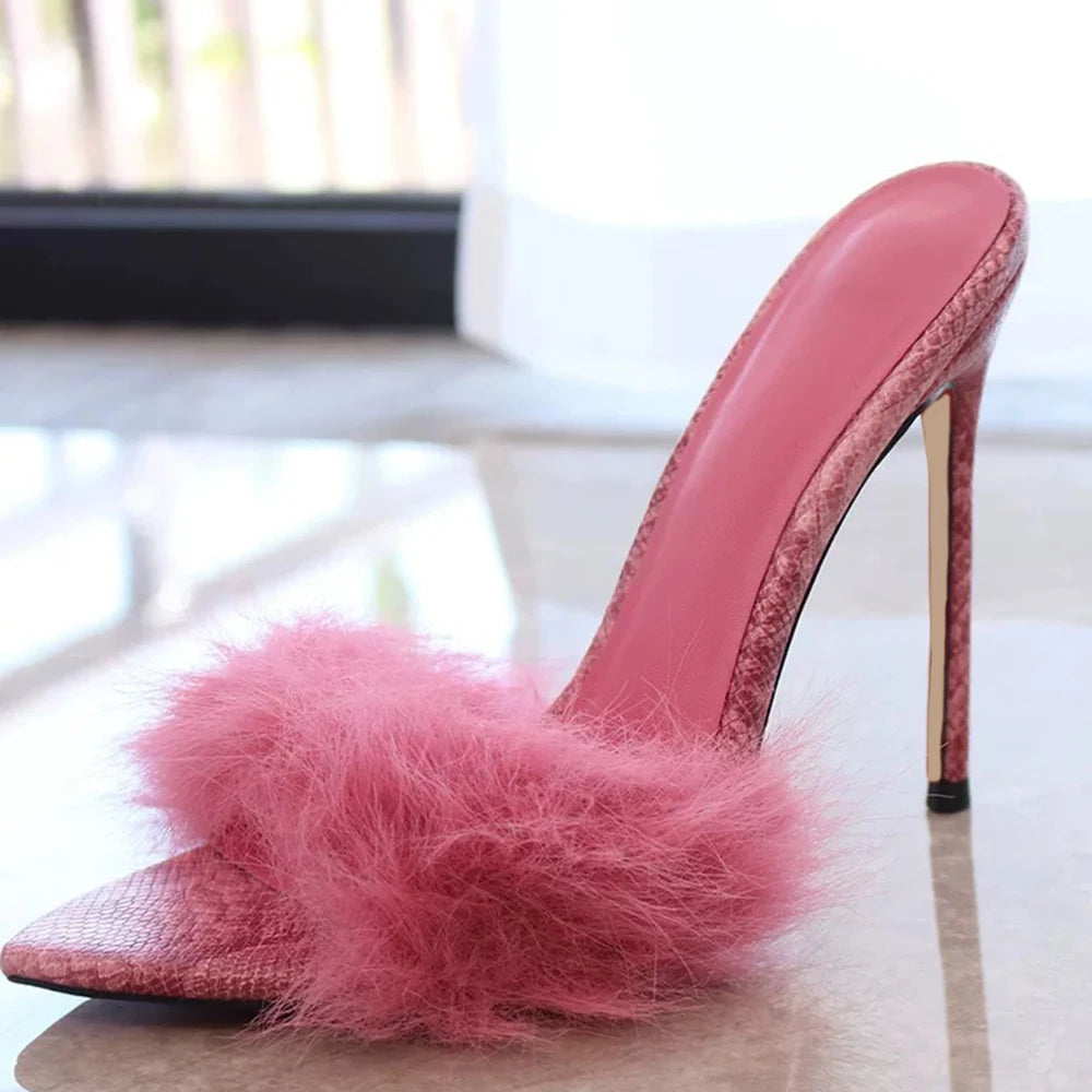 Chinelos de Mulher Rosa Fluffy Flufft 12cm Salto Alto de Pelo Festa Noite Aniversário Sandálias Sexy Bico Fino Sapatos Slingback para Senhoras