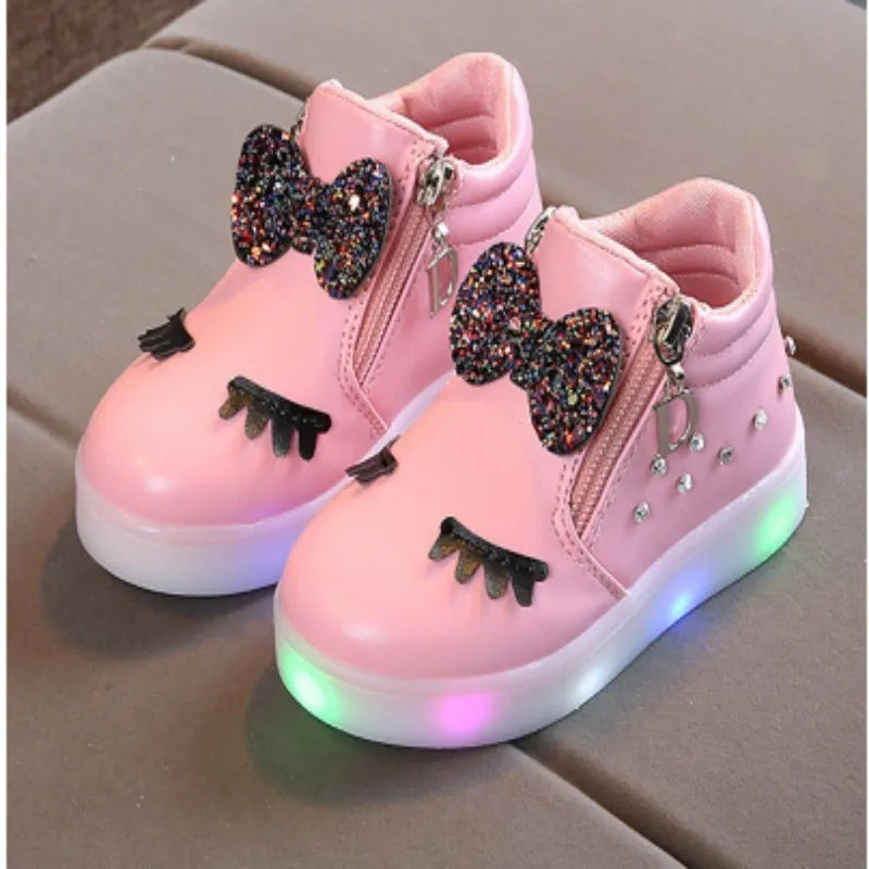 Sapatilhas Brilhantes Infantis, Laço de Princesa para Meninas, Sapatilhas LED para Bebé Fofas com Luz Tamanhos 21-30