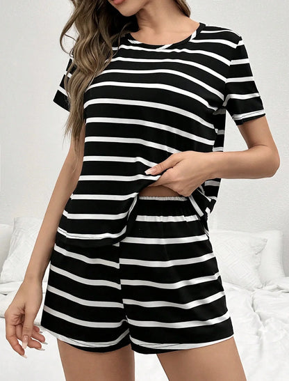 Women's Striped Pajamas Set Short Sleeve T-Shirt And Shorts Sleepwear 2 Piece Set For Women Casual Loose Homewea
