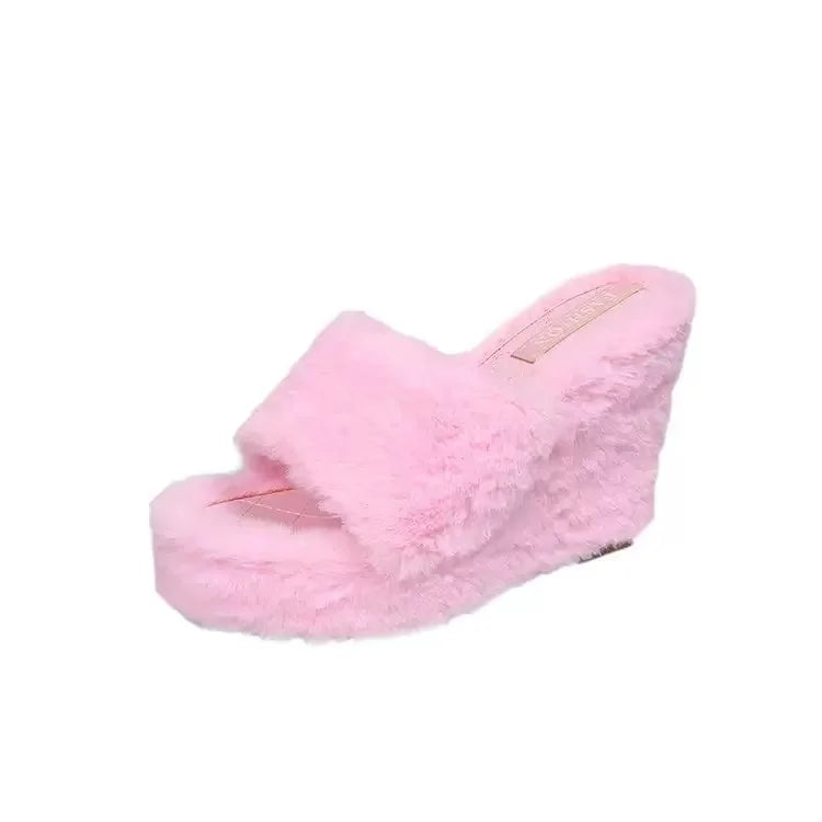 2025 Luxury new women feminine high-heeled fur drag outdoor all-match shoes slippers round head wedges with mink fur ms slippers