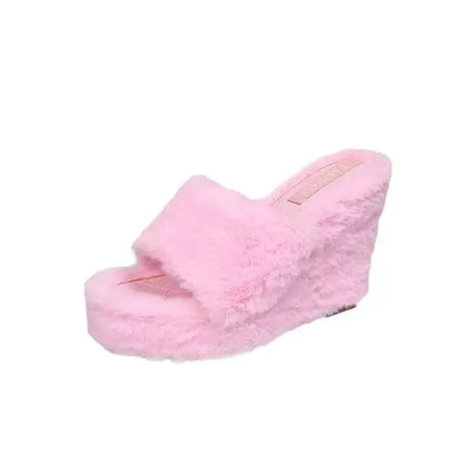 2025 Luxury new women feminine high-heeled fur drag outdoor all-match shoes slippers round head wedges with mink fur ms slippers