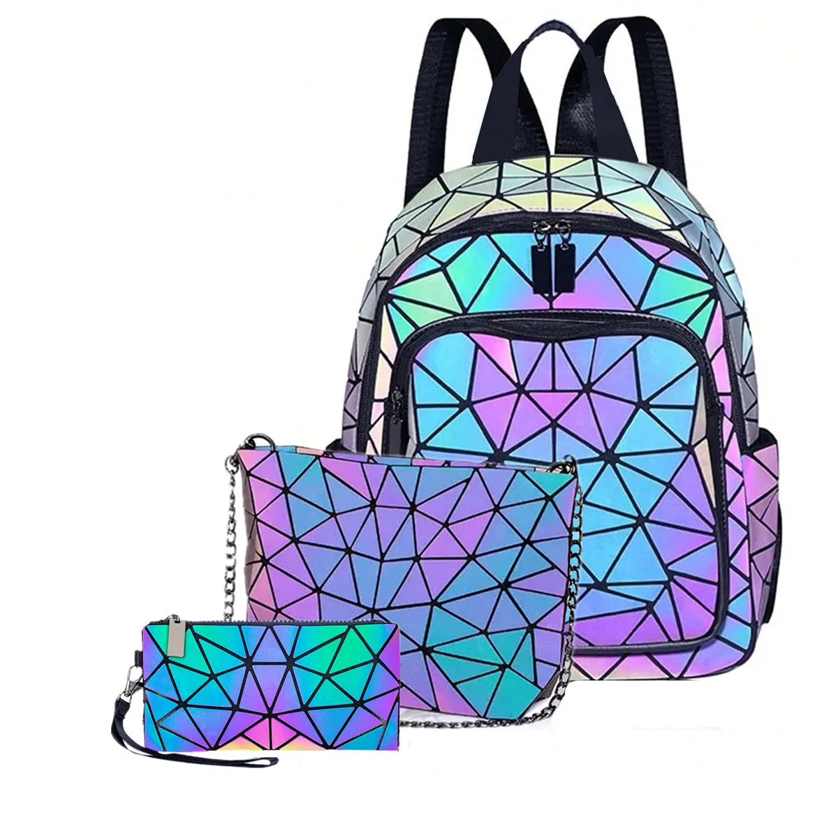 Mochila luminosa feminina em PVC holográfico, geométrica, para meninas adolescentes, mochila escolar, mochila feminina, para viagem, de ombro