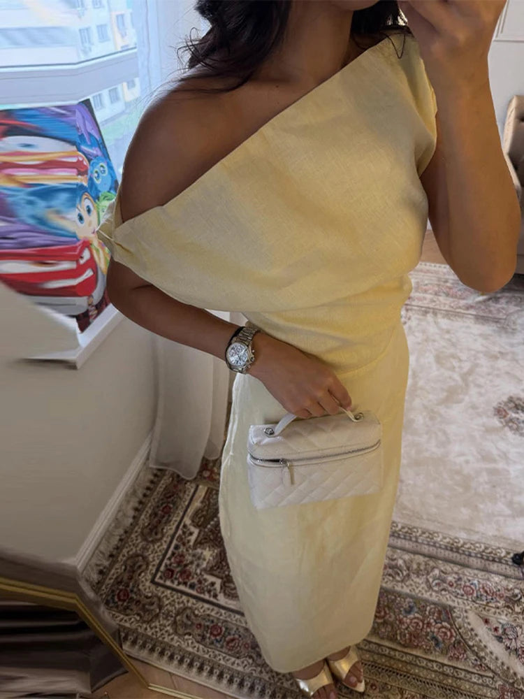 Vestidos Maxi de Linho com Ombros Descobertos, Vestido Feminino Slim, Cintado na Cintura, com Saia Justa até ao Tornozelo, Novo para o Verão de 2026, Roupa Exterior Sólida para Mulher
