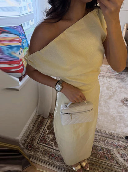 Vestidos Maxi de Linho com Ombros Descobertos, Vestido Feminino Slim, Cintado na Cintura, com Saia Justa até ao Tornozelo, Novo para o Verão de 2026, Roupa Exterior Sólida para Mulher