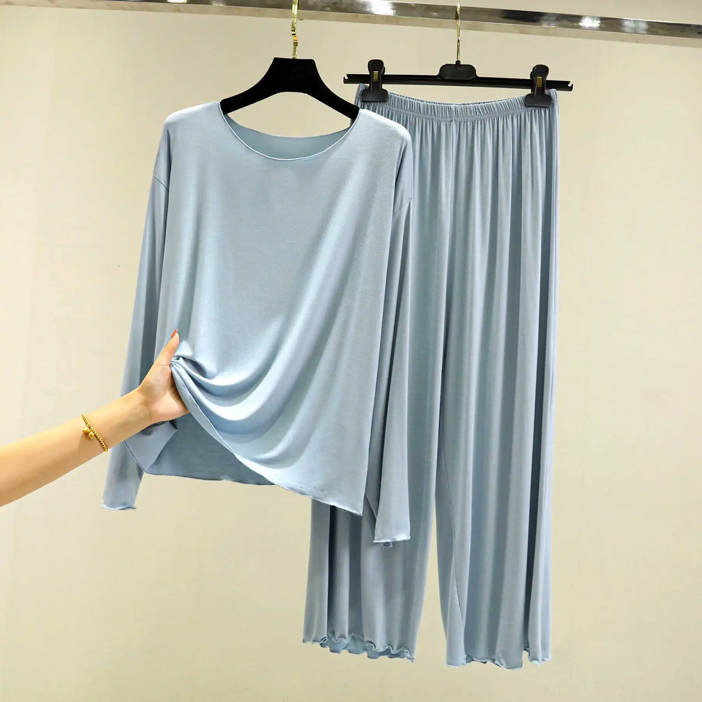 Modal Thin Long Sleeved T-Shirt Set for Women in Spring and Autumn Pajamas Plus Loose Base Shirt Solid Color Sleepwear Homewear