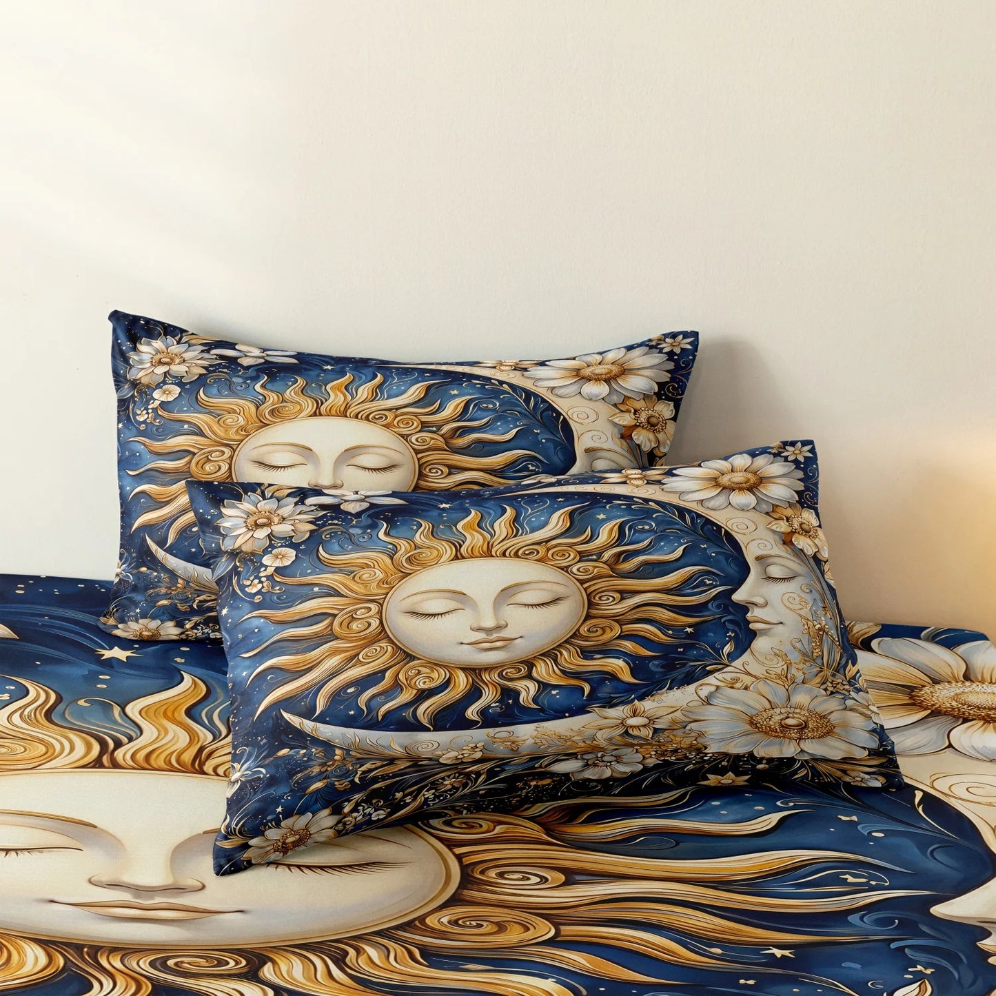 3pcs Duvet Cover Set (1 Duvet Cover + 2 Pillowcases), Featuring High-Definition Printed Golden Sun, And Planets Home Or Dorm Use