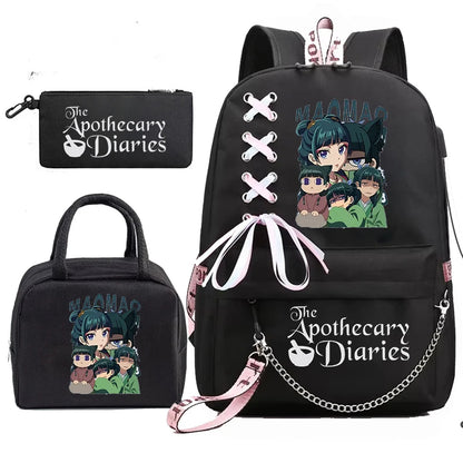 Mochila Escolar Mochila de Estudante Adolescente Bolsa Escolar Os Diários da Boticária Maomao Anime com Lancheiras Portáteis 3 Peças