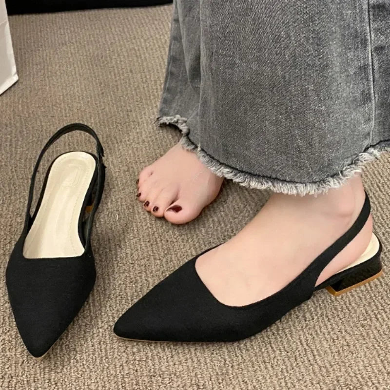 2025 Summer Ladies New Sexy Pointed Retro Solid Color High Heels PU Leather Designer Casual Outdoor Slingback Party Ladies Sanda