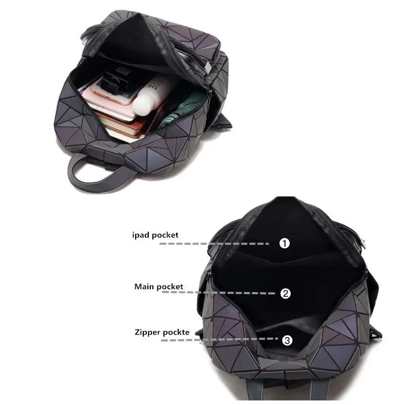 Mochila luminosa feminina em PVC holográfico, geométrica, para meninas adolescentes, mochila escolar, mochila feminina, para viagem, de ombro
