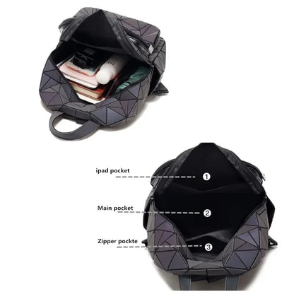 Mochila luminosa feminina em PVC holográfico, geométrica, para meninas adolescentes, mochila escolar, mochila feminina, para viagem, de ombro