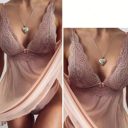 Women's Lace Trim V-Neck Cami Nightdress - Sexy & Elegant Sheer Mesh Sleepwear for Intimate Nights