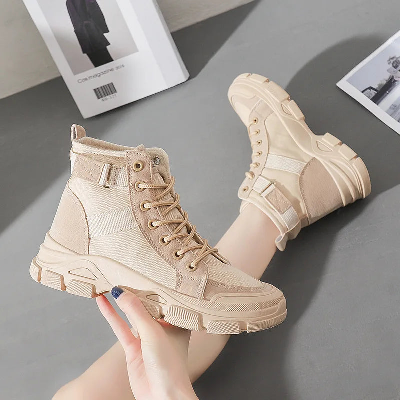 Women Boots Canvas Ankle Boots for Women Platform Desert Boots High-top Shoes Woman Hiking Women's Sneaker Trend Motorcycle Boot
