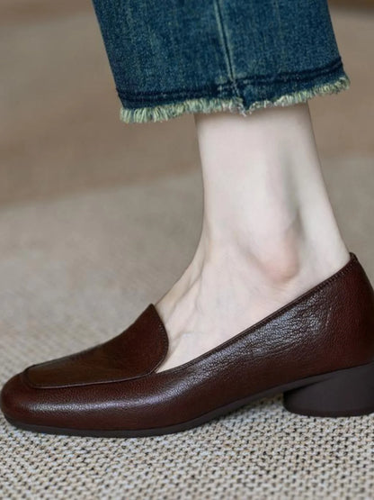 Comfortable Leather Low Heel Slip-On Women's Shoes Fashionable Retro Style Spring Autumn Seasonal Simple Match All round