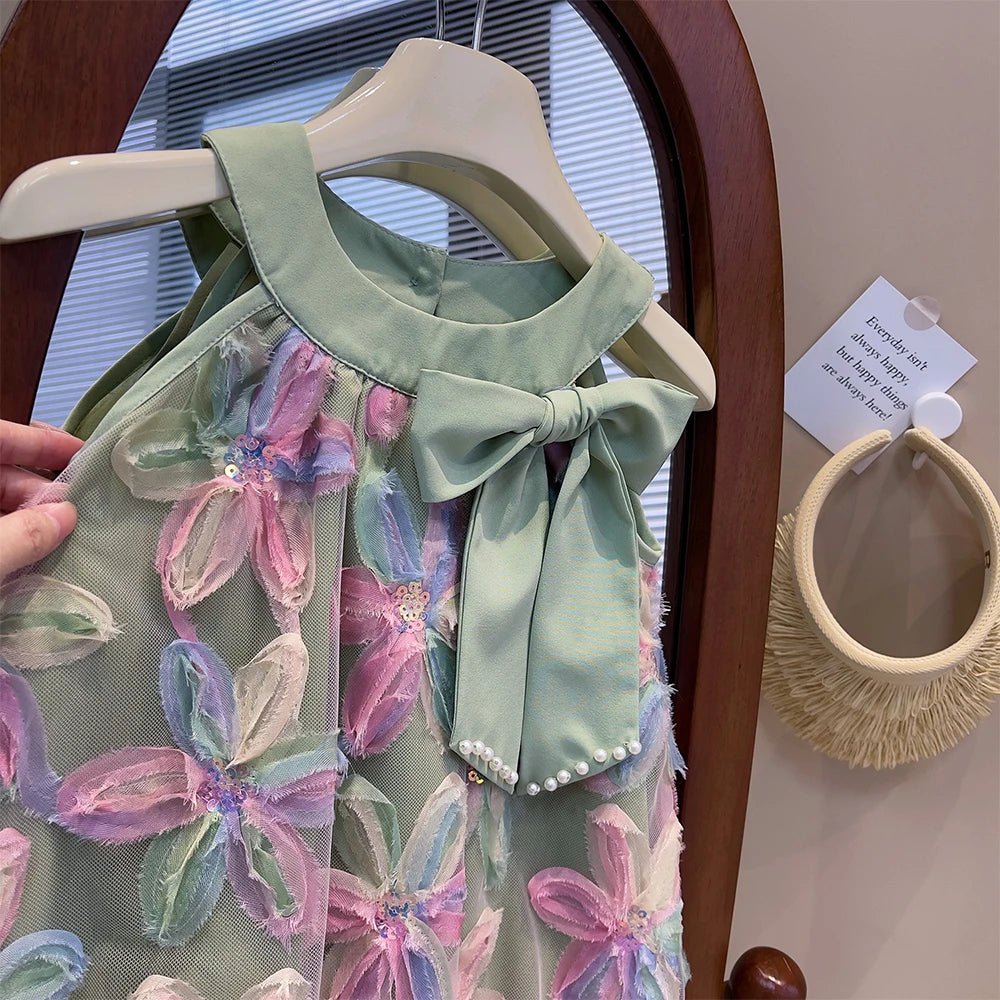 Vestido de Ursa Líder para Menina 2025 Verão Novo Vestido de Menina Vestido de Princesa Vestido de Fio com Flores Coloridas para Criança Roupa Infantil