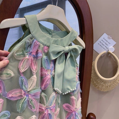 Vestido de Ursa Líder para Menina 2025 Verão Novo Vestido de Menina Vestido de Princesa Vestido de Fio com Flores Coloridas para Criança Roupa Infantil