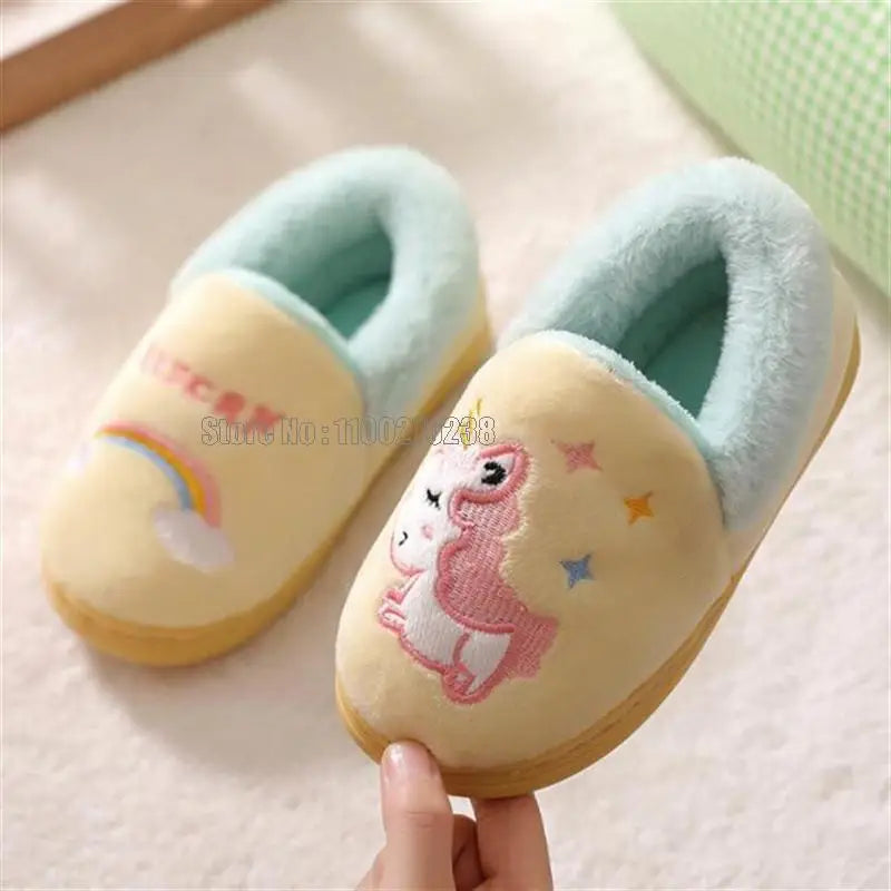Chinelo Infantil Unicórnio Meninos Meninas Pantufas de Pelo de Algodão Quente Inverno Casa Calçado de Criança