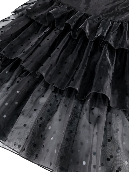 Women Polka Dot Dresses Sheer Organza O Neck Long Lantern Sleeve Ruffles Party Celebrate Occasion Birthday Stylish African New