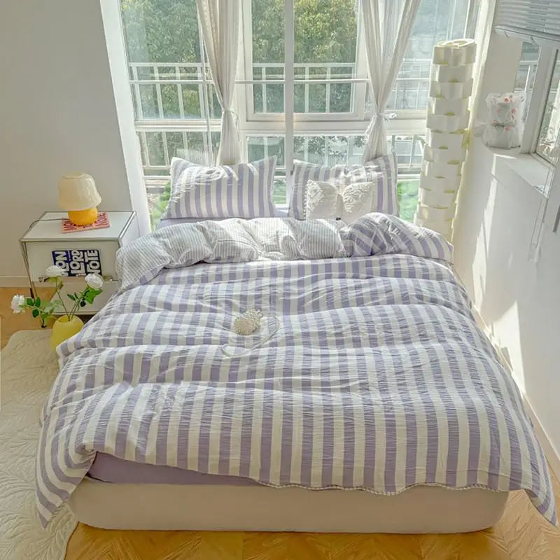 Lightweight Hotel Luxury Duvet Cover 4Pcs Blue White Vertical Stripes Ultra Soft Breathable Comforter Cover Bed Sheet Pillowcase