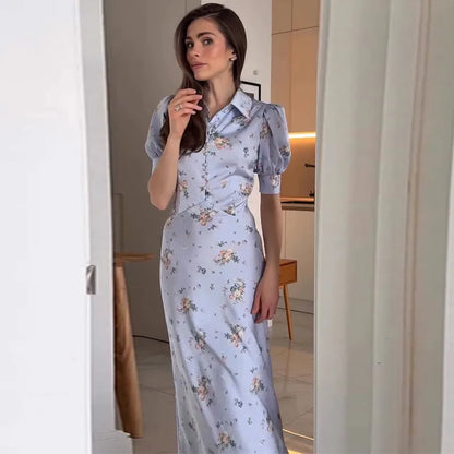 Vestido Longo Floral com Botões de Pérola, Gola com Lapela, Manga Curta Abaulada, Cintura Marcada, Estampado, Slim, Elegante, Moda Feminina, Vestido Novo de Senhora