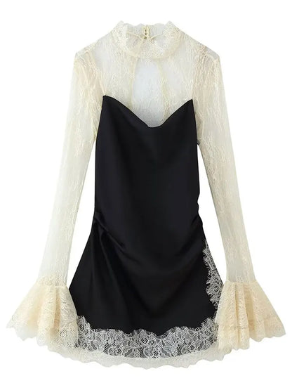 HH 2026 Vestido Mini de Renda Patchwork para Mulher Vintage Contraste Slim Manga Comprida Vestidos Y2k Verão Moda High Street Senhora Chic Vestido