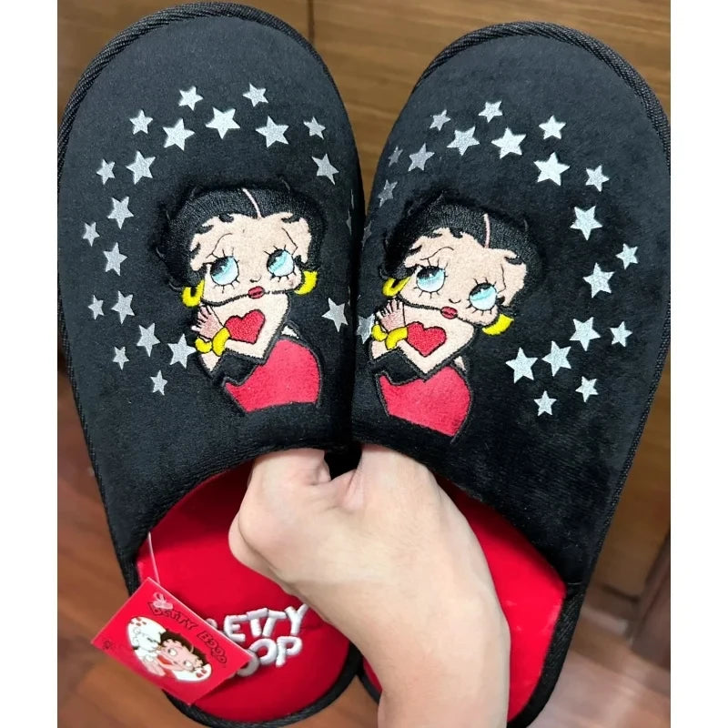 Pantufas da Betty Boop Anime Mulher Peluche Chinelos Bonitos Desenhos Animados Confortáveis Quentes Sapatos de Casa Kawaii Antiderrapantes Sola Macia para Exterior