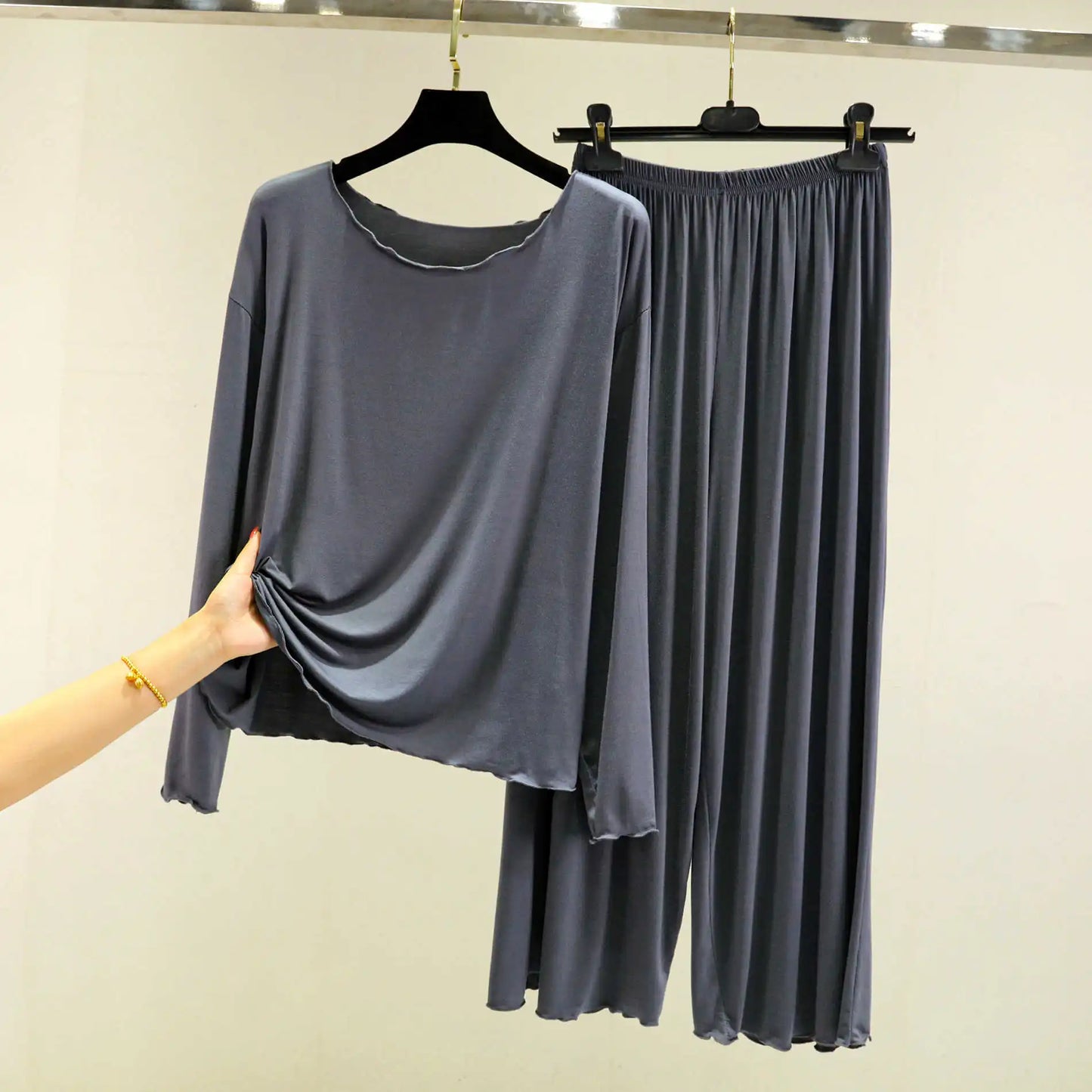 Modal Thin Long Sleeved T-Shirt Set for Women in Spring and Autumn Pajamas Plus Loose Base Shirt Solid Color Sleepwear Homewear