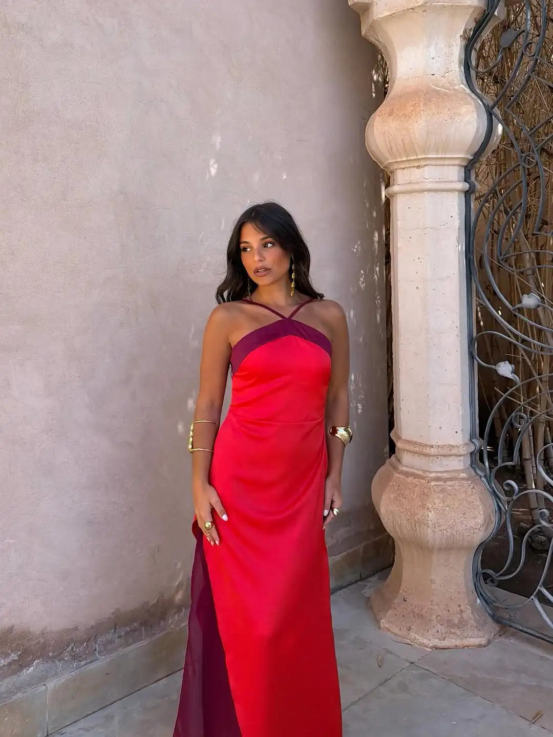 Color Blocking Scarf Collar Sling Dress Sexy Waist Cinching Chic Split Bodycon Maxi Dresses 2026 Lady Club Party Vestido