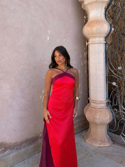 Color Blocking Scarf Collar Sling Dress Sexy Waist Cinching Chic Split Bodycon Maxi Dresses 2026 Lady Club Party Vestido
