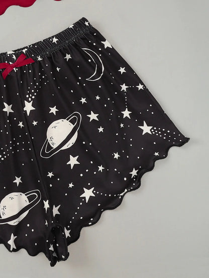 Women's Pajamas Set Sexy Lingerie Starry Sky Print Sling Sleepwear V-Neck Sleeveless Top and Shorts Sets Pyjamas Homewear