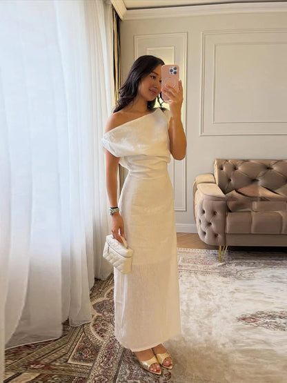 Vestidos Maxi de Linho com Ombros Descobertos, Vestido Feminino Slim, Cintado na Cintura, com Saia Justa até ao Tornozelo, Novo para o Verão de 2026, Roupa Exterior Sólida para Mulher