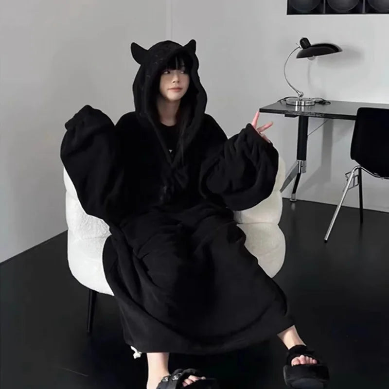 Pijama acolchoado espesso Cor sólida Roupa de casa Vestidos largos com capuz Robe de casal Imp Peça única de dormir Outono e inverno