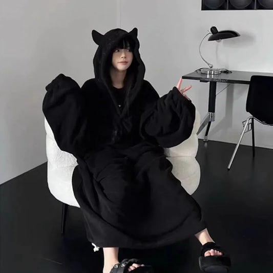 Thickened padded pajamas Solid color Homewear Loose oversized hooded Dresses Imp couple robe Fall and winter one-piece Sleepwear