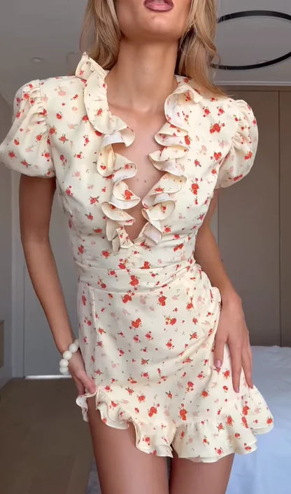 Vestido Mini Vermelho com Decote em V e Gola Peter Pan, Estampado Floral, Manga Bufante, Corte em A, Cintura Alta, Vestidos Casuais Femininos 2026 Vestidos de Senhora para Encontro