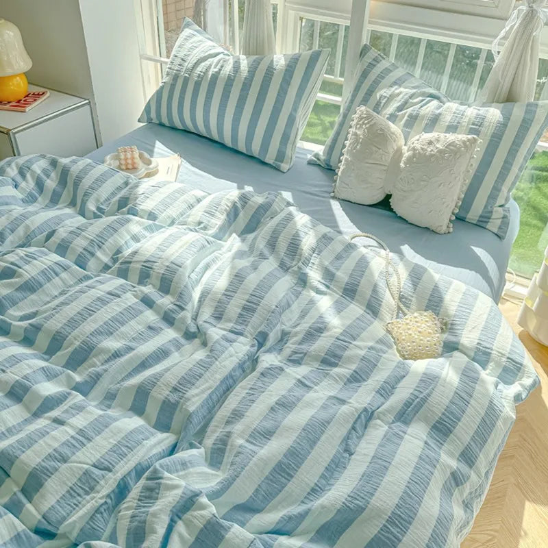 Lightweight Hotel Luxury Duvet Cover 4Pcs Blue White Vertical Stripes Ultra Soft Breathable Comforter Cover Bed Sheet Pillowcase