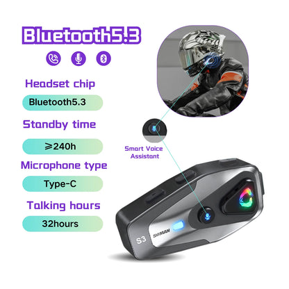 Soman Motorcycle Helmet Headset Bluetooth 5.3 Wireless IPX6 Waterproof Support Connecting 2 Phones Same Time Headphone cascos